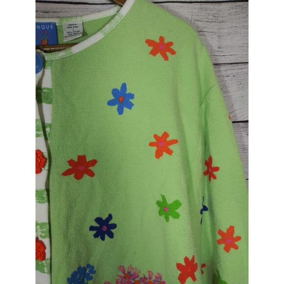 Vintage Onque Casuals Green & Orange Floral Print Grandma Cardigan Sz Large - Picture 9 of 10